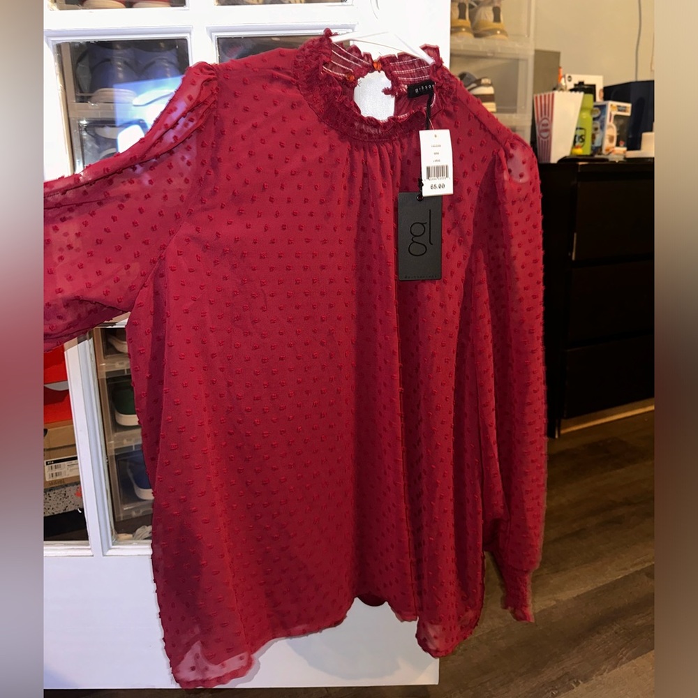 Gibson look long sleeve Swiss dots blouse
